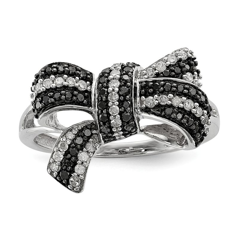 1/3 Ctw Black & White Diamond Bow Ring In Sterling Silver Size 6